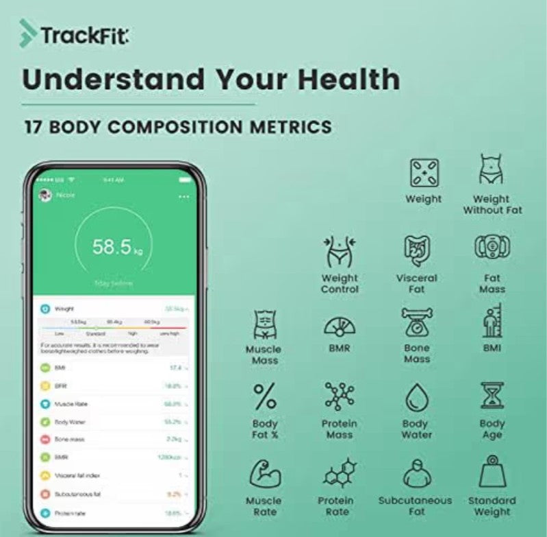 FitTrack Dara Smart BMI Digital Scale - Measure Weight and Body Fat - Most Accurate Bluetooth Glass Bathroom Scale (White)