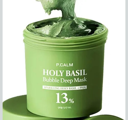 P.CALM Holy Basil Bubble Deep Mask – Holy Basil & Carbonated Water for Cleansing Pores & Blackheads, Korean Clay to Bubble Wash-Off Pack (90g / 3.17 oz)