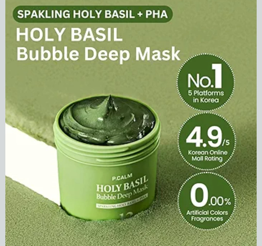 P.CALM Holy Basil Bubble Deep Mask – Holy Basil & Carbonated Water for Cleansing Pores & Blackheads, Korean Clay to Bubble Wash-Off Pack (90g / 3.17 oz)