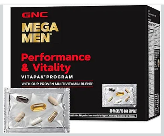 GNC Mega Men Performance and Vitality Vitapak Program, Convenient Complete Nutrition, 5 Products in 1 packet, Circulation, Blood Flow, Prostate Health, Sexual Function, Horny Goat Weed, 30 Packs