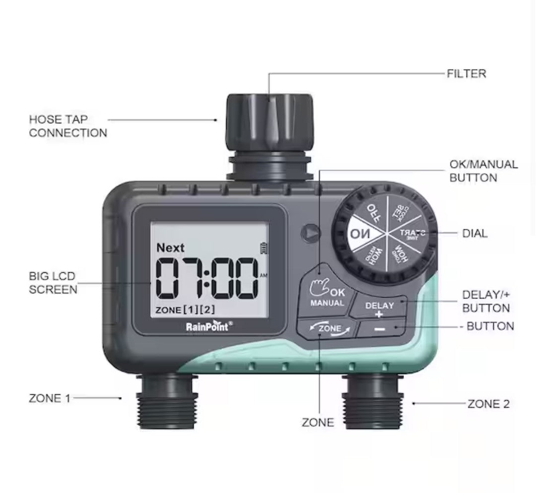 2 Zone Water Timer for Garden Hose-Sprinkler Timer w/ Rain Delay and Manual / Automatic Irrigation Controller System