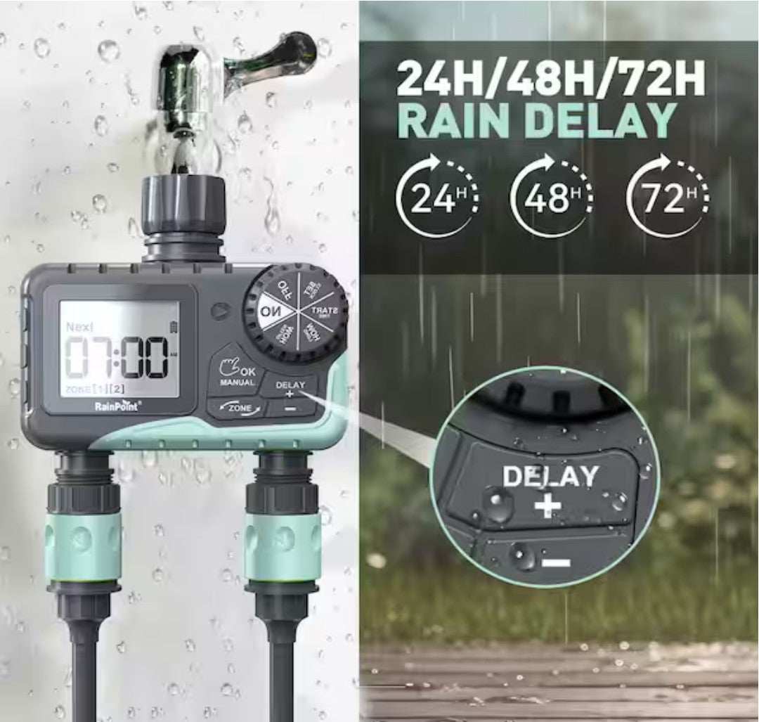 2 Zone Water Timer for Garden Hose-Sprinkler Timer w/ Rain Delay and Manual / Automatic Irrigation Controller System