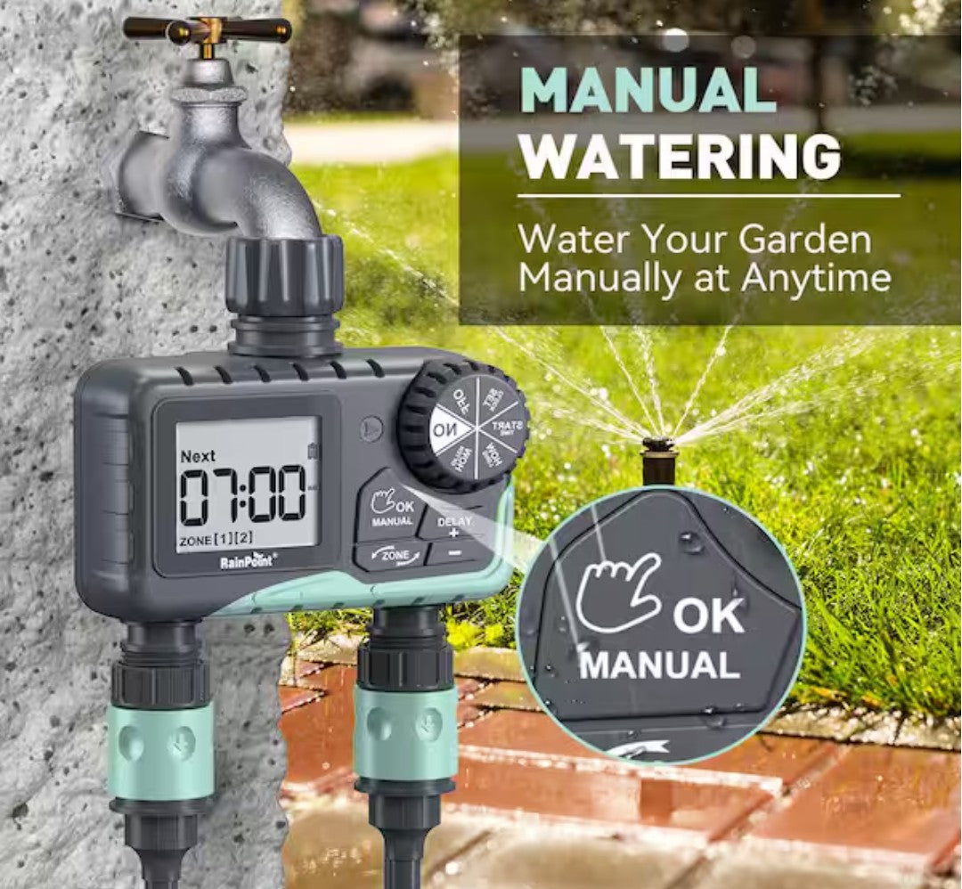 2 Zone Water Timer for Garden Hose-Sprinkler Timer w/ Rain Delay and Manual / Automatic Irrigation Controller System