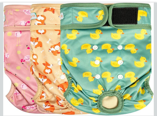 Langsprit Washable Female Dog Diapers - Doggie Reusable Diapers for Doggy Puppy Female in Period - Highly Absorbent Dog Heat Panties (Flamingo Duck) M