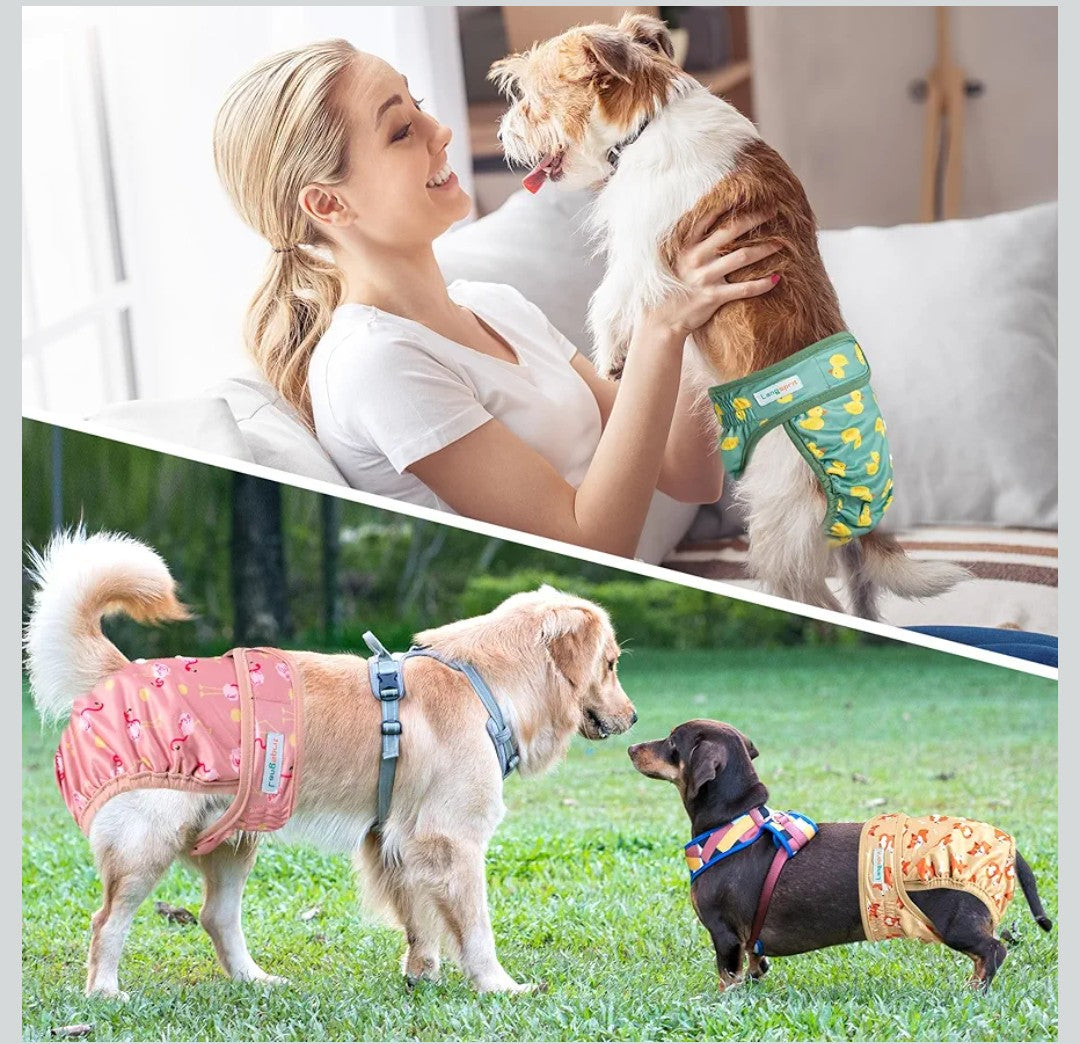 Langsprit Washable Female Dog Diapers - Doggie Reusable Diapers for Doggy Puppy Female in Period - Highly Absorbent Dog Heat Panties (Flamingo Duck) M