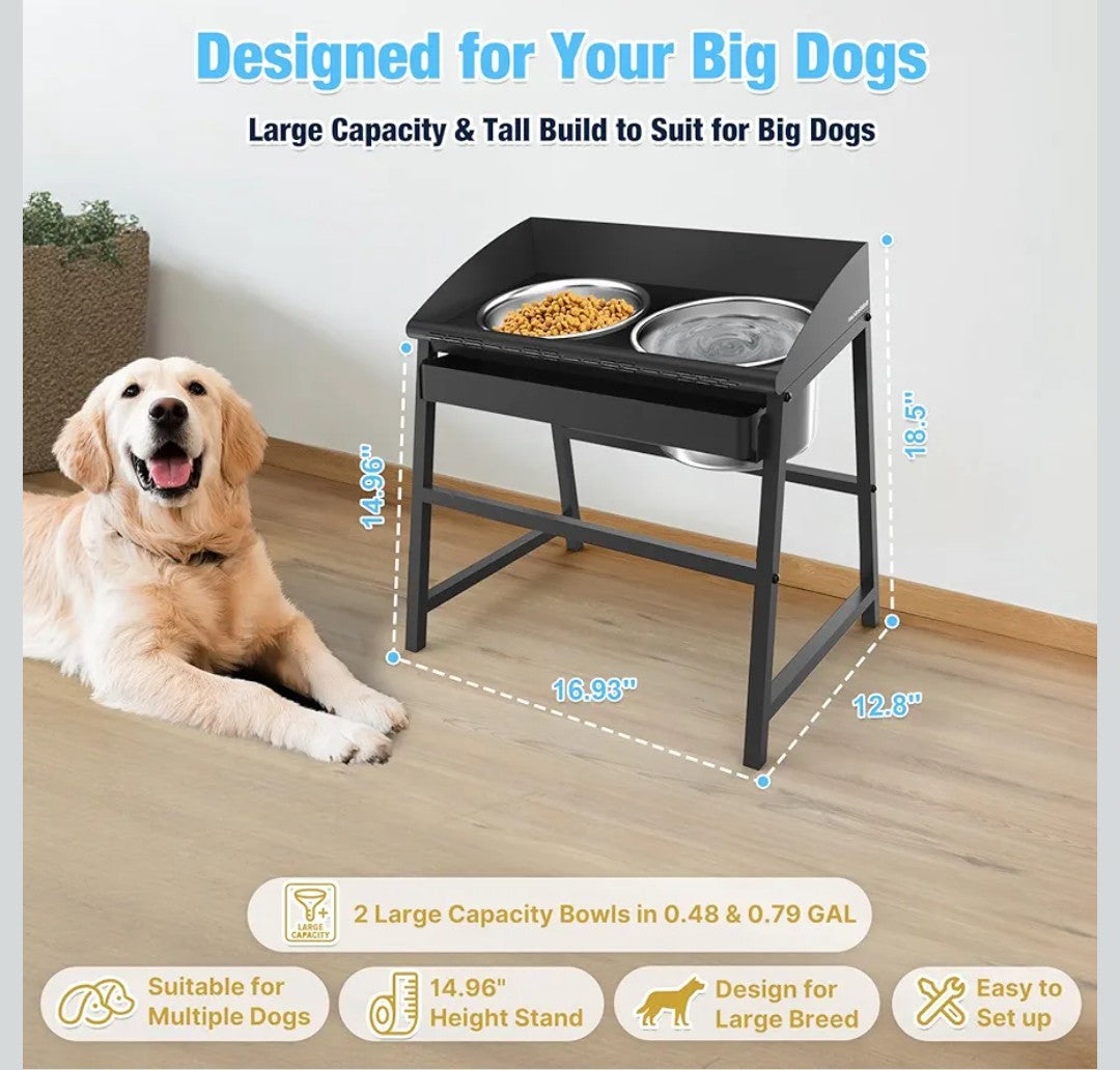 Elevated Dog Bowls for Large Dog, 15“ Tall Raised Food and Water Bowl Set with Stand, Full Metal Spill Proof Design and Stainless Bowls for Indoor & Outdoor Use