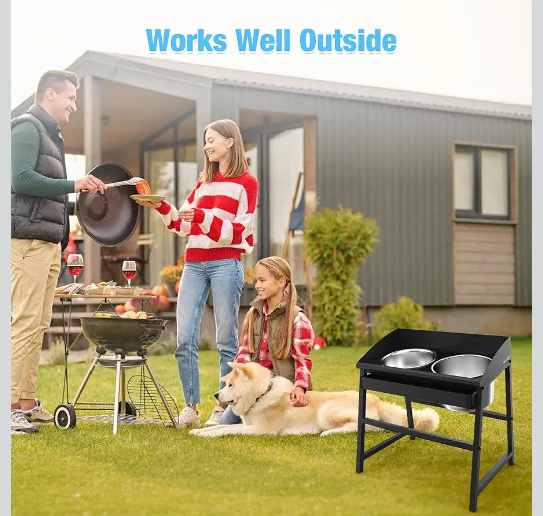 Elevated Dog Bowls for Large Dog, 15“ Tall Raised Food and Water Bowl Set with Stand, Full Metal Spill Proof Design and Stainless Bowls for Indoor & Outdoor Use