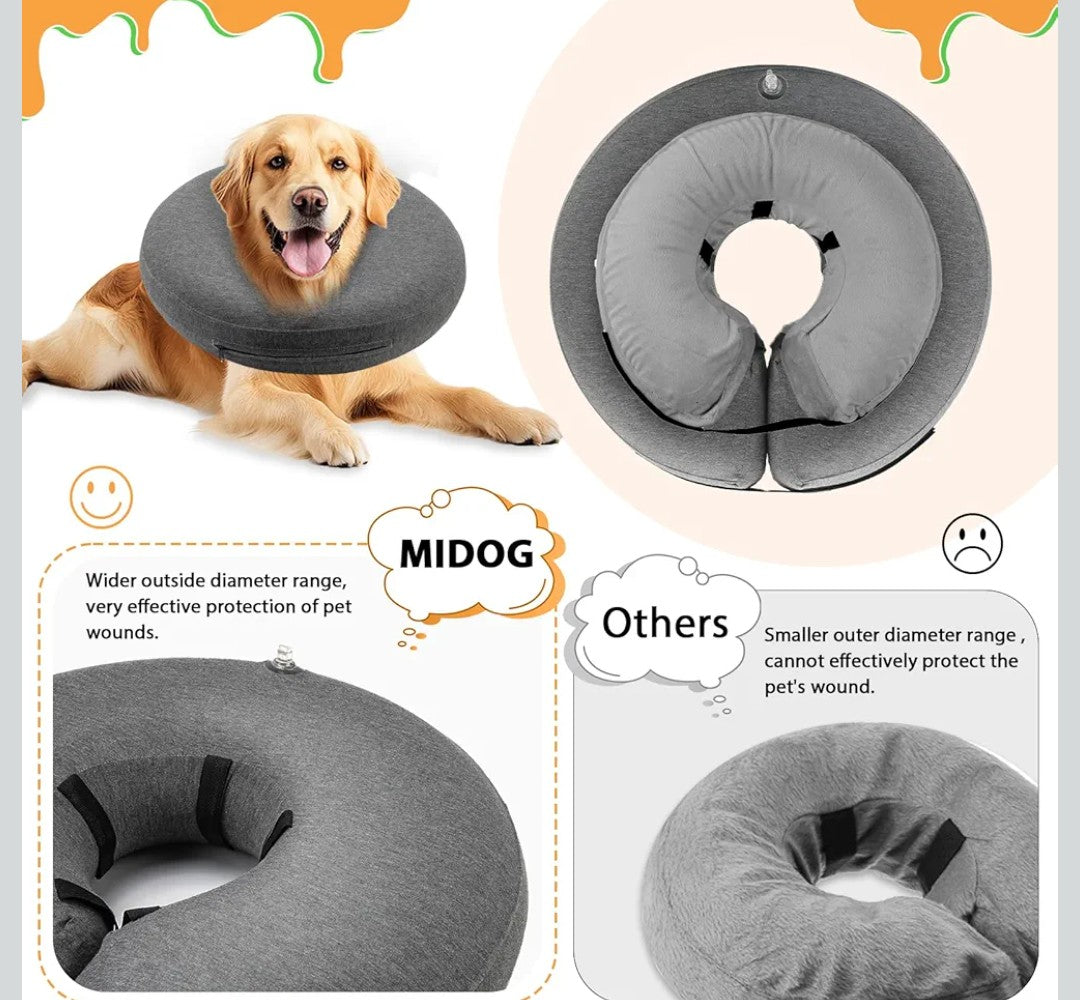 MIDOG Inflatable Dog Cone Alternative for After Surgery - Soft Protective Donut Collar Prevents Licking & Allows Eating, Comfortable Recovery E-Collar Alternative for Small Medium Large Dogs (Gray,XL)