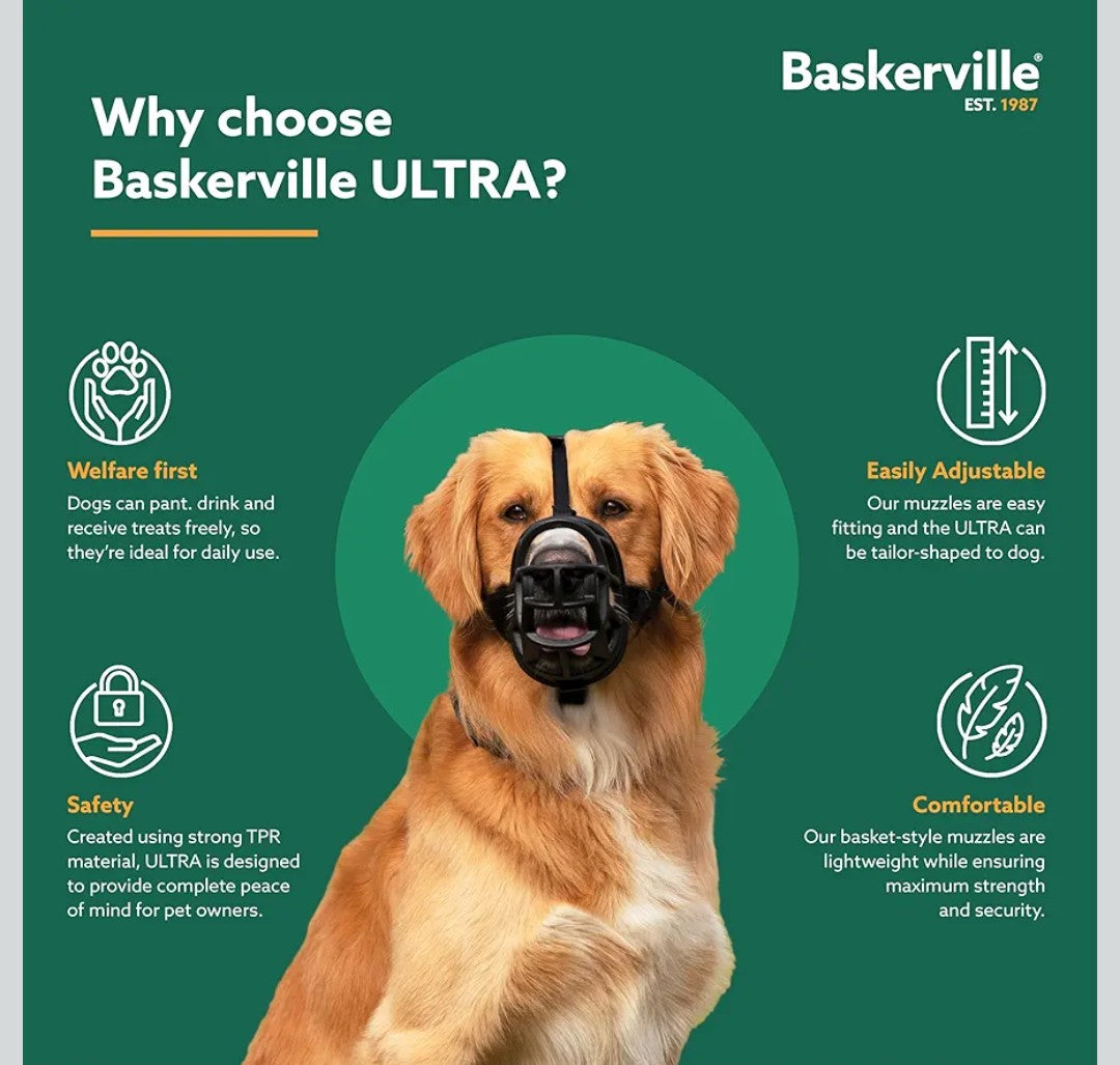BASKERVILLE Ultra Dog Muzzle- Black Size 5, Perfect for Large Dogs, Prevents Chewing and Biting, Basket allows Panting and Drinking-Comfortable, Humane, Adjustable, Lightweight, Durable