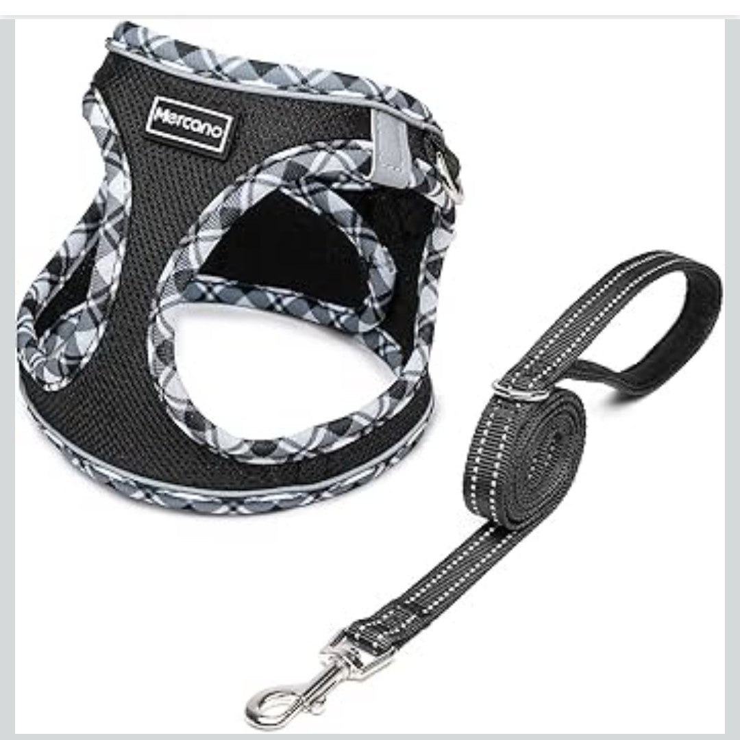 Mercano Soft Mesh Dog Harness and Leash Set, No-Chock Step-in Reflective Breathable Lightweight Easy Walk Vest Harnesses with Safety Buckle for Small Dogs, Cats (Black White, XS)