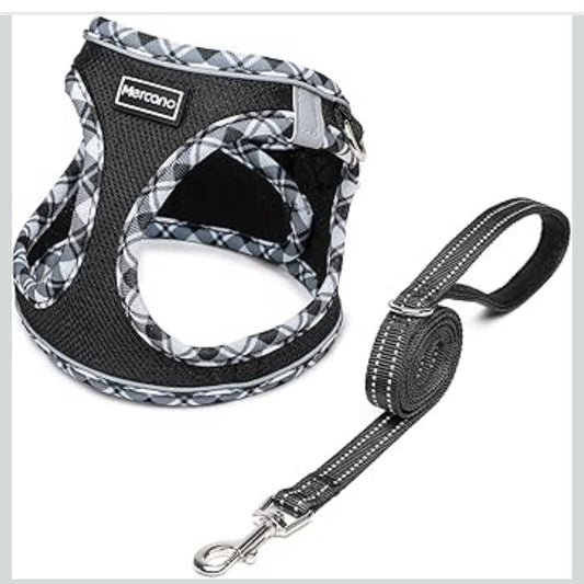 Mercano Soft Mesh Dog Harness and Leash Set, No-Chock Step-in Reflective Breathable Lightweight Easy Walk Vest Harnesses with Safety Buckle for Small Dogs, Cats (Black White, XS)