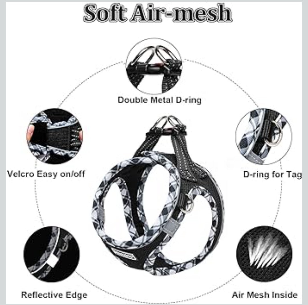 Mercano Soft Mesh Dog Harness and Leash Set, No-Chock Step-in Reflective Breathable Lightweight Easy Walk Vest Harnesses with Safety Buckle for Small Dogs, Cats (Black White, XS)