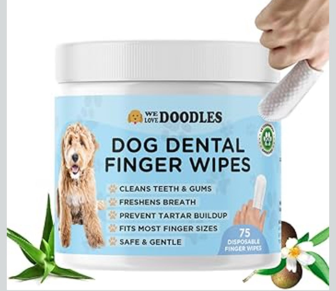 We Love Doodles Dog Teeth Cleaning Wipes - Pet Dental Finger Wipes for Dogs - Cleans Teeth and Gums, Freshens Breath Dog Dental Wipes, Prevents Tartar Buildup, Fits Most Finger Sizes (75 Wipes)