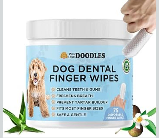 We Love Doodles Dog Teeth Cleaning Wipes - Pet Dental Finger Wipes for Dogs - Cleans Teeth and Gums, Freshens Breath Dog Dental Wipes, Prevents Tartar Buildup, Fits Most Finger Sizes (75 Wipes)