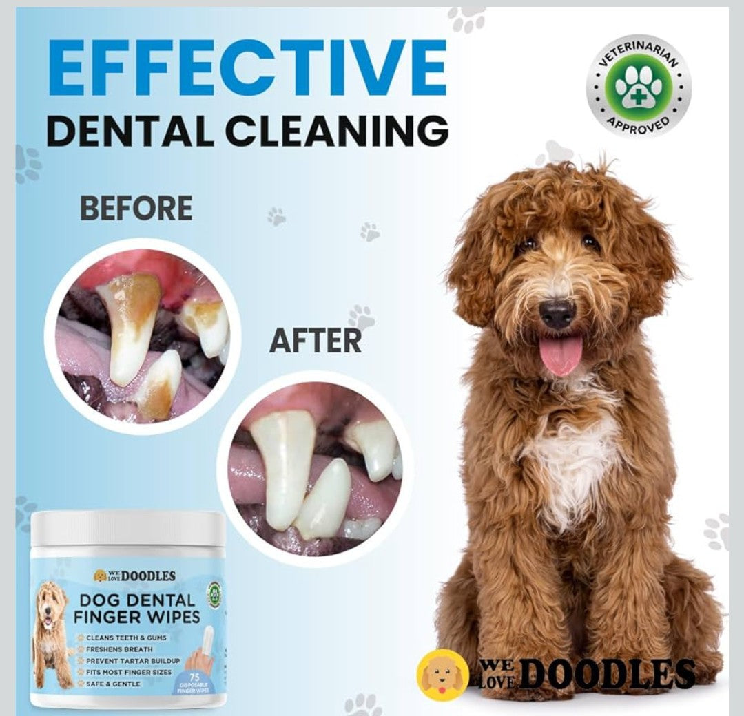 We Love Doodles Dog Teeth Cleaning Wipes - Pet Dental Finger Wipes for Dogs - Cleans Teeth and Gums, Freshens Breath Dog Dental Wipes, Prevents Tartar Buildup, Fits Most Finger Sizes (75 Wipes)