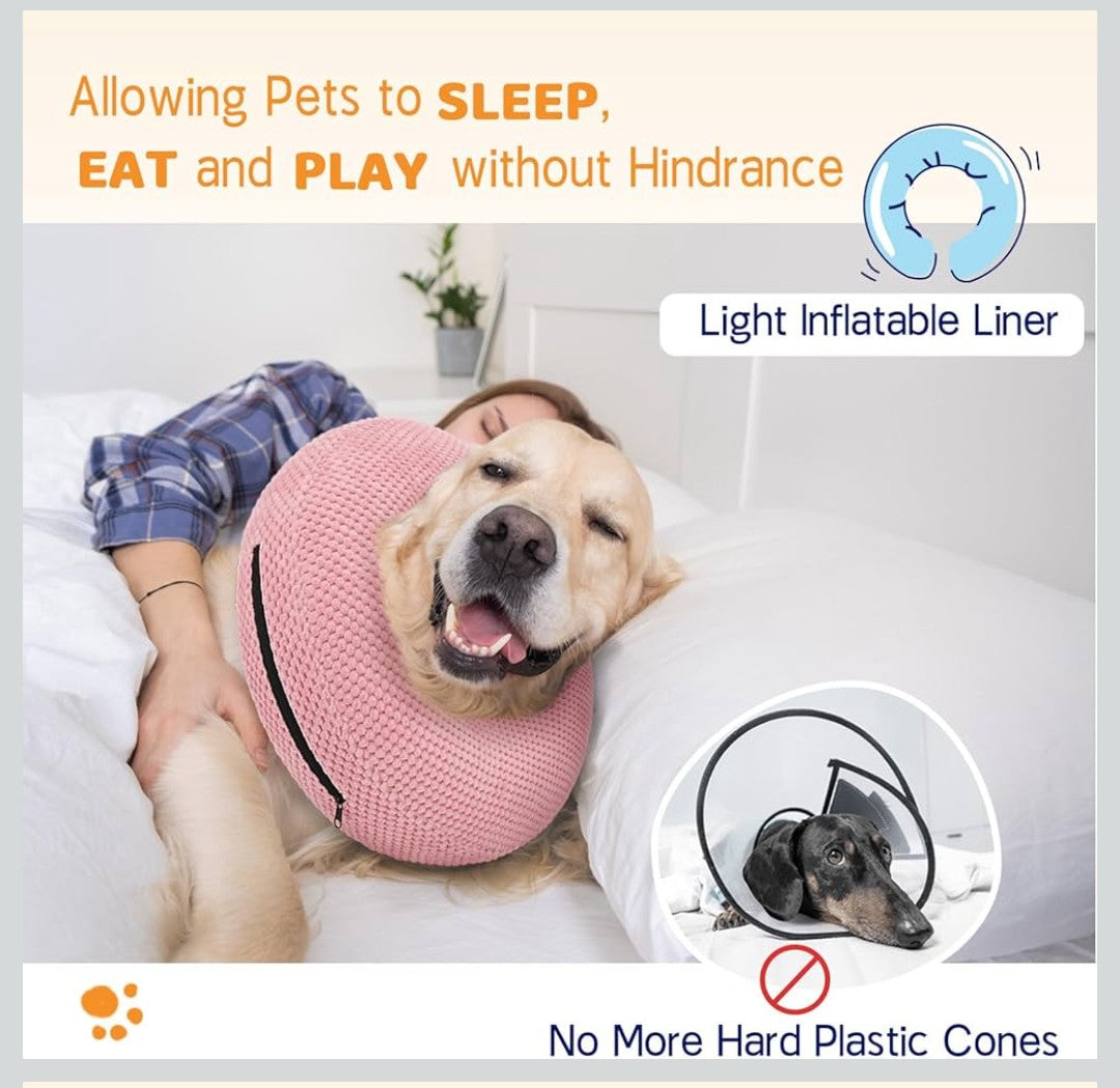 Supet Inflatable Dog Cone Collar for Dogs to Stop Licking, Dog Donut Collar After Surgery, Soft Pet Cone for Small Medium Large Dogs Pink 02 XXL