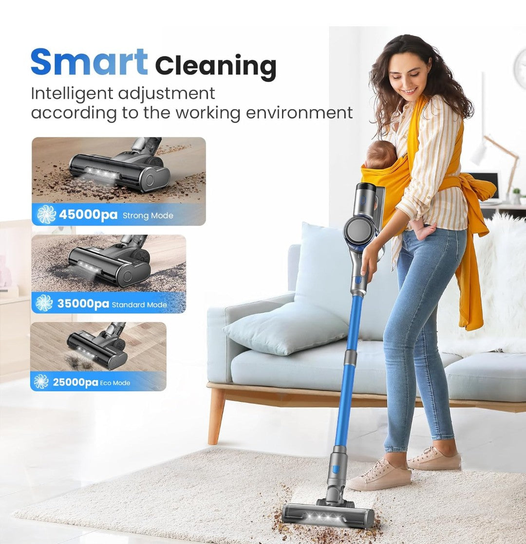 Dzaki S9X Vacuum Cleaners for Home,400W 45KPa Cordless Stick Vacuum Cleaner,Up to 55 Mins Runtime,Smart Induction Auto-Adjustment,Rechargeable Battery Vacuum Cordless for Carpet Floor Pet Hair(Blue)
