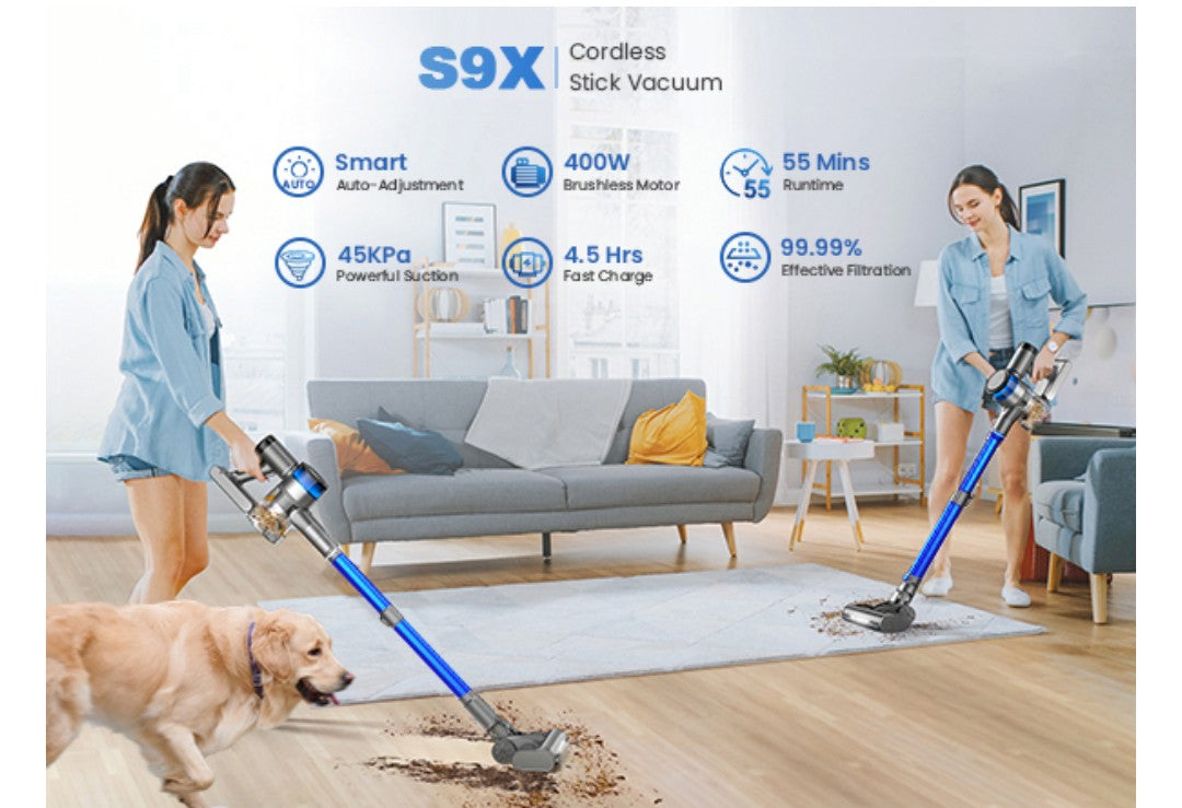 Dzaki S9X Vacuum Cleaners for Home,400W 45KPa Cordless Stick Vacuum Cleaner,Up to 55 Mins Runtime,Smart Induction Auto-Adjustment,Rechargeable Battery Vacuum Cordless for Carpet Floor Pet Hair(Blue)