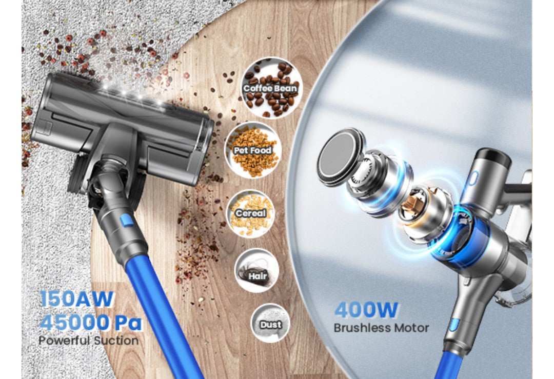 Dzaki S9X Vacuum Cleaners for Home,400W 45KPa Cordless Stick Vacuum Cleaner,Up to 55 Mins Runtime,Smart Induction Auto-Adjustment,Rechargeable Battery Vacuum Cordless for Carpet Floor Pet Hair(Blue)