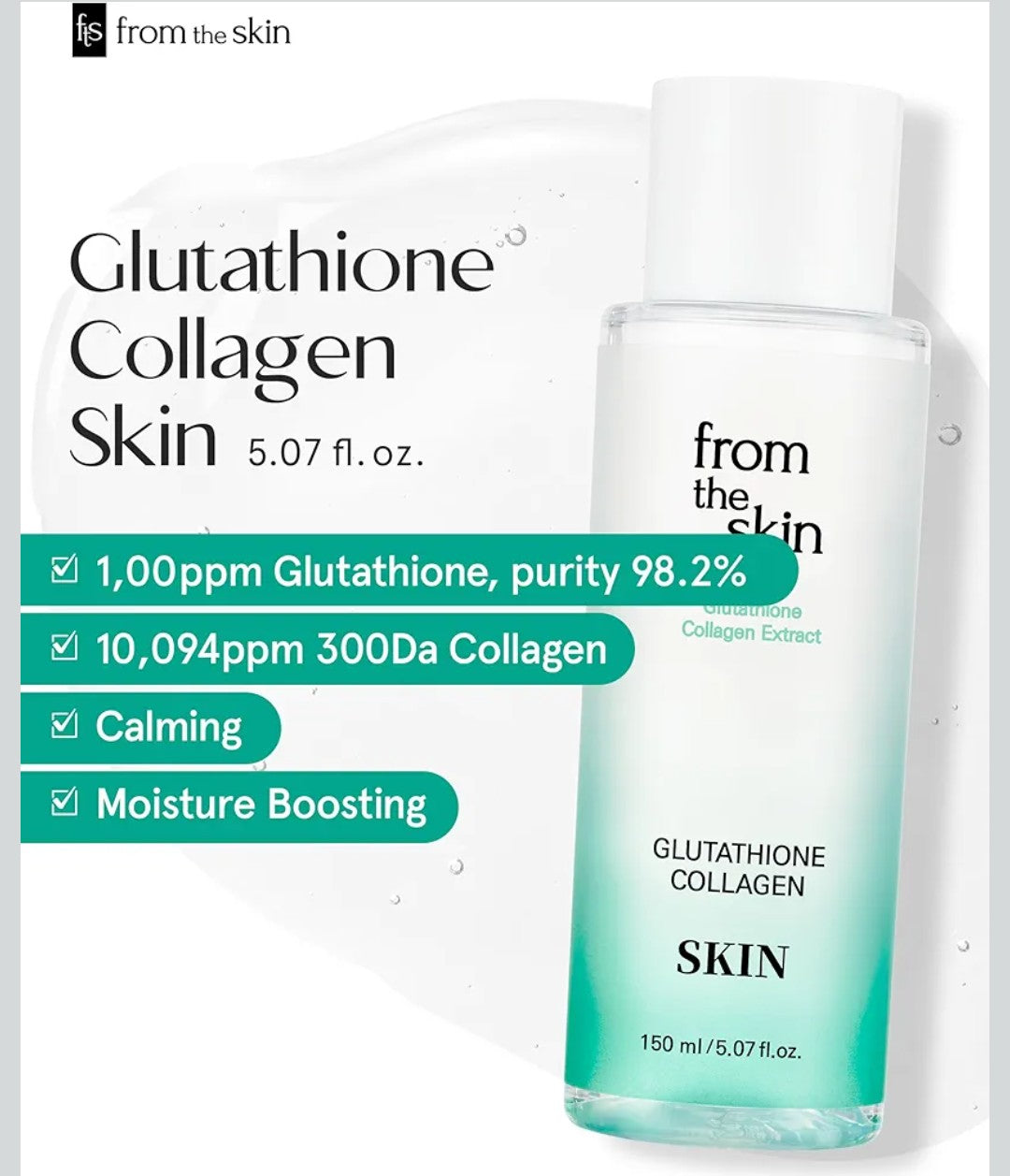 Glutathione Collagen Skin - Face Water Essence Toner, Evens Skin Tone, Refreshing, Nourishing, Fast-Absorbing for Smooth, Hydrated Sensitive Skin, 5.3 fl.oz.