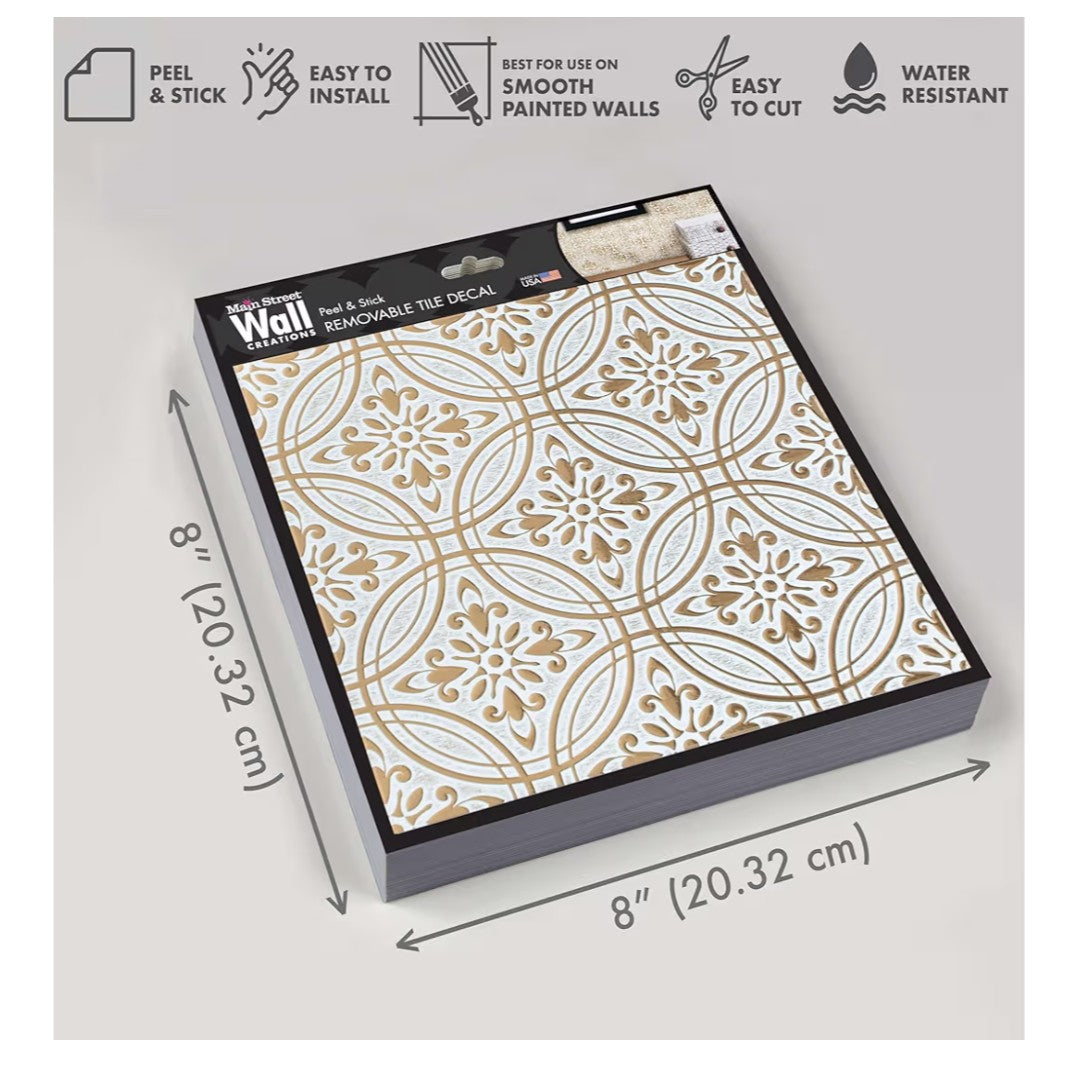 Main Street 24-Pack of 8 x 8" Wallpaper Tiles Peel and Stick Metallic Gold Pastel Painted Design. Kitchen Backsplash, Renter Friendly, Paper Tile in Self Stick for Your Home and DIY Project