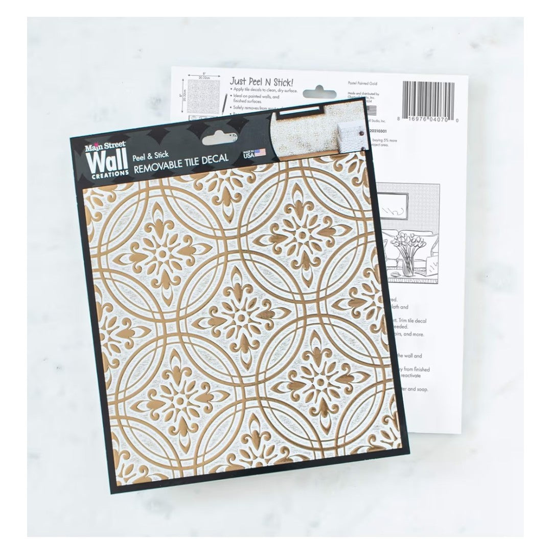 Main Street 24-Pack of 8 x 8" Wallpaper Tiles Peel and Stick Metallic Gold Pastel Painted Design. Kitchen Backsplash, Renter Friendly, Paper Tile in Self Stick for Your Home and DIY Project