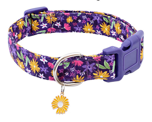 Faygarsle Cotton Dog Collar Cute Dog Collars for Small Medium Large Dogs Purple Yellow Floral Colored Options Soft and Fancy Pet Collars for Girls Flower Pattern for Girl Dog Collar L