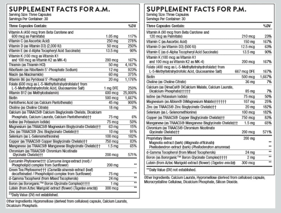 THORNE - Multi-Vitamin Elite - Daily Nutritional Supplement - AM Formula Supports Cellular Energy Production &PM Formula Supports Restful Sleep* - Gluten-Free, Dairy-Free - 180 Capsules - 30 Servings