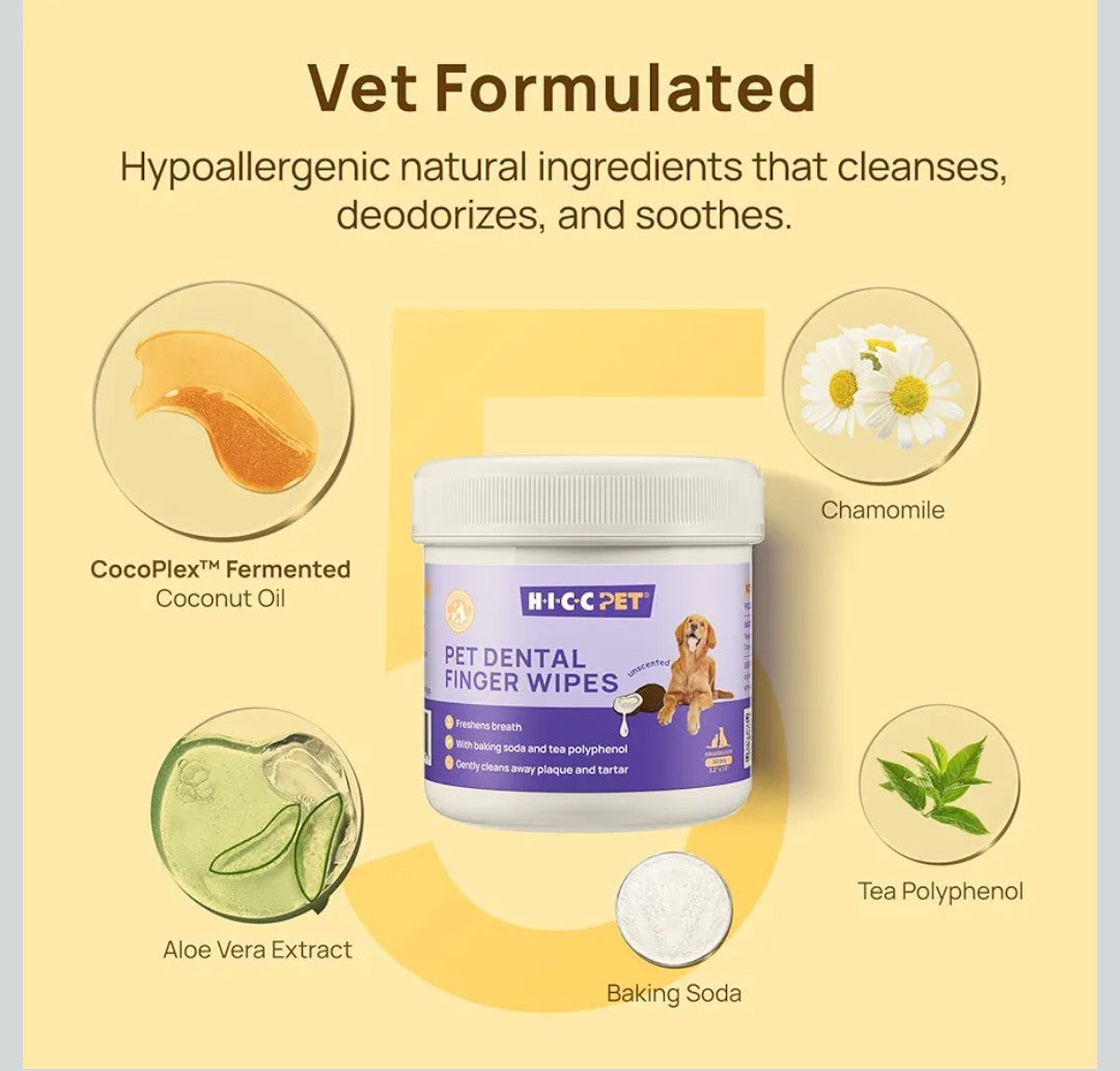 HICC Pet Teeth Cleaning Wipes for Dogs & Cats, Vet-Recommended Remove Bad Breath & Plaque & Tartar Buildup Dog Finger Toothbrush Wipes, Dog Tooth Brushing Kit Remove Stain & Gum Care for Small Animal