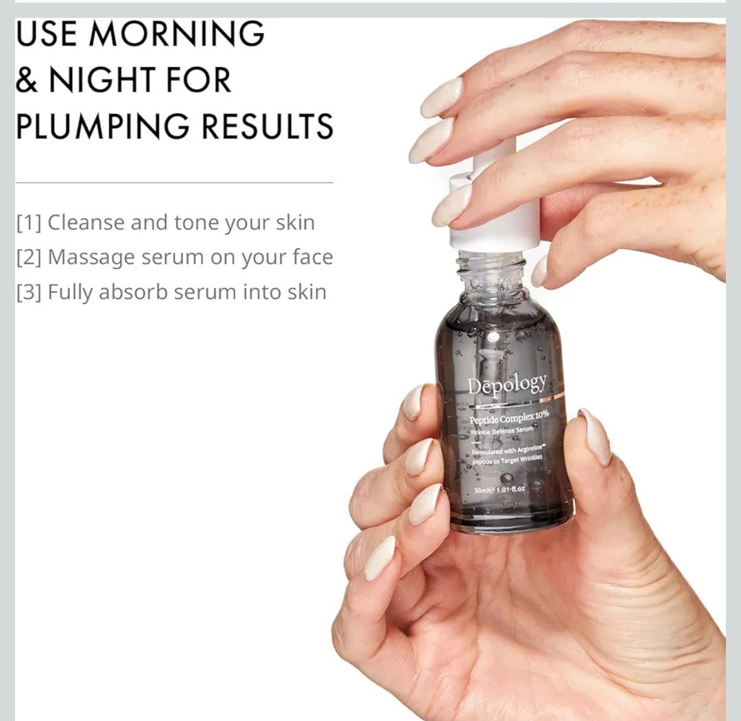 Depology Peptide Complex 10% Wrinkle Defense | Argireline™ Peptide Serum | Hydrating Face Serum Targets Dynamic Wrinkles | Vitamin C & Hyaluronic Acid Serum 1.01 fl oz