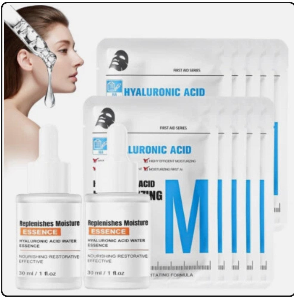 Hyaluronic Serum Set 10pcs Hydrating Face Masks & 2x 30ml Hyaluronic Acid Serum