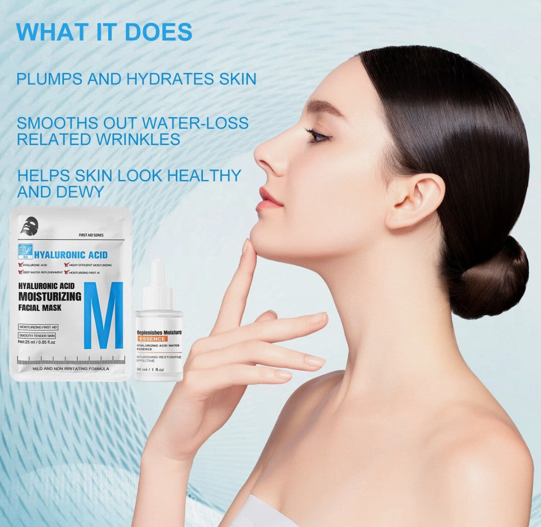 Hyaluronic Serum Set 10pcs Hydrating Face Masks & 2x 30ml Hyaluronic Acid Serum