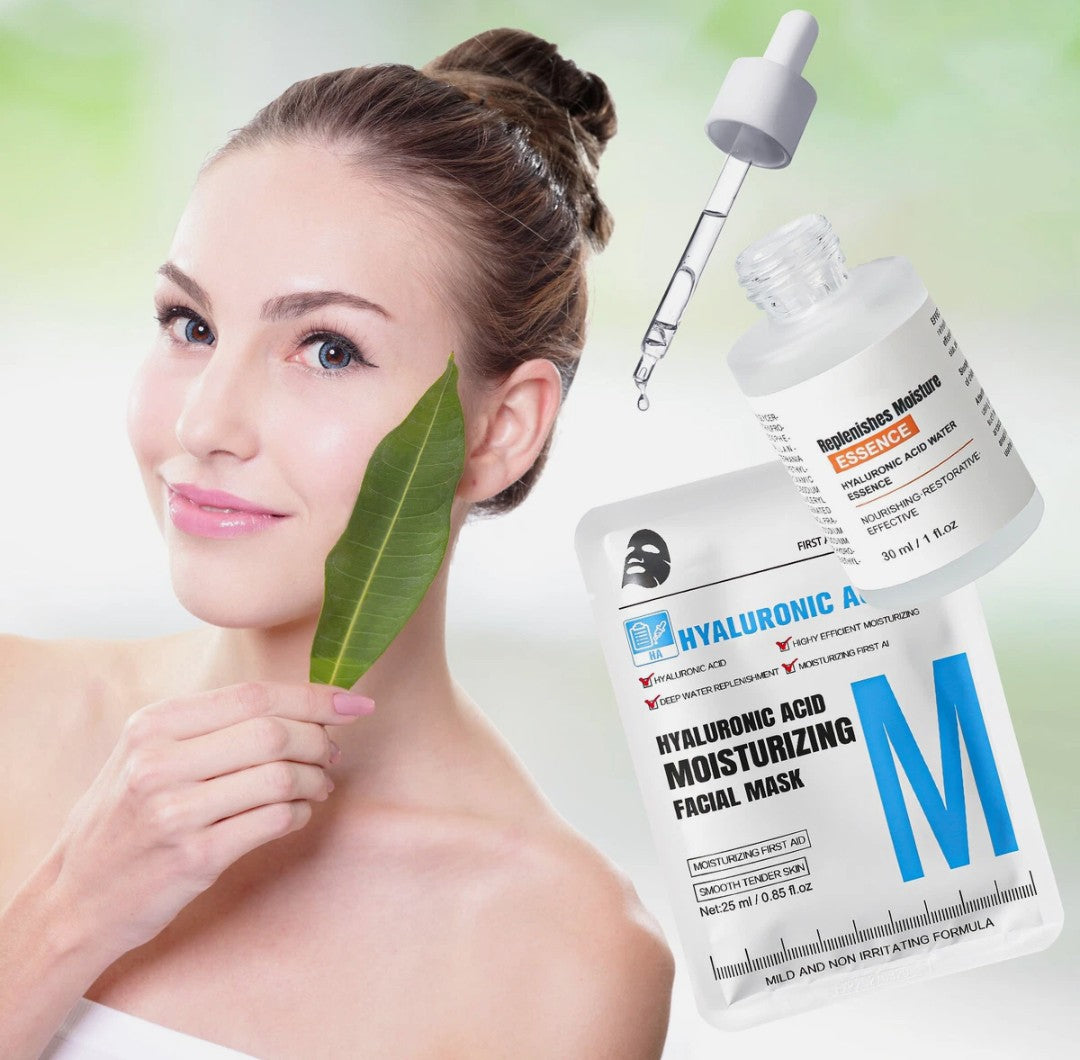 Hyaluronic Serum Set 10pcs Hydrating Face Masks & 2x 30ml Hyaluronic Acid Serum