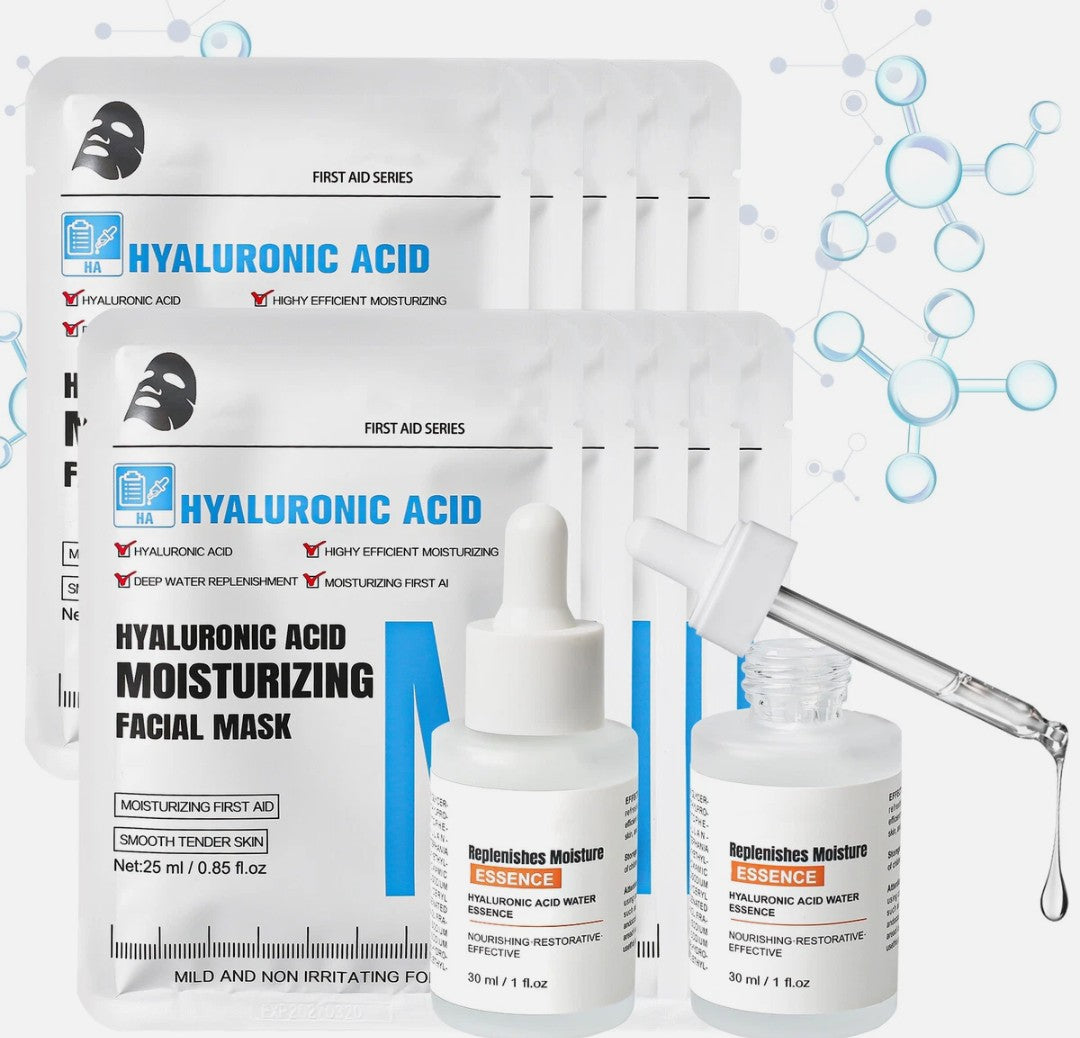 Hyaluronic Serum Set 10pcs Hydrating Face Masks & 2x 30ml Hyaluronic Acid Serum