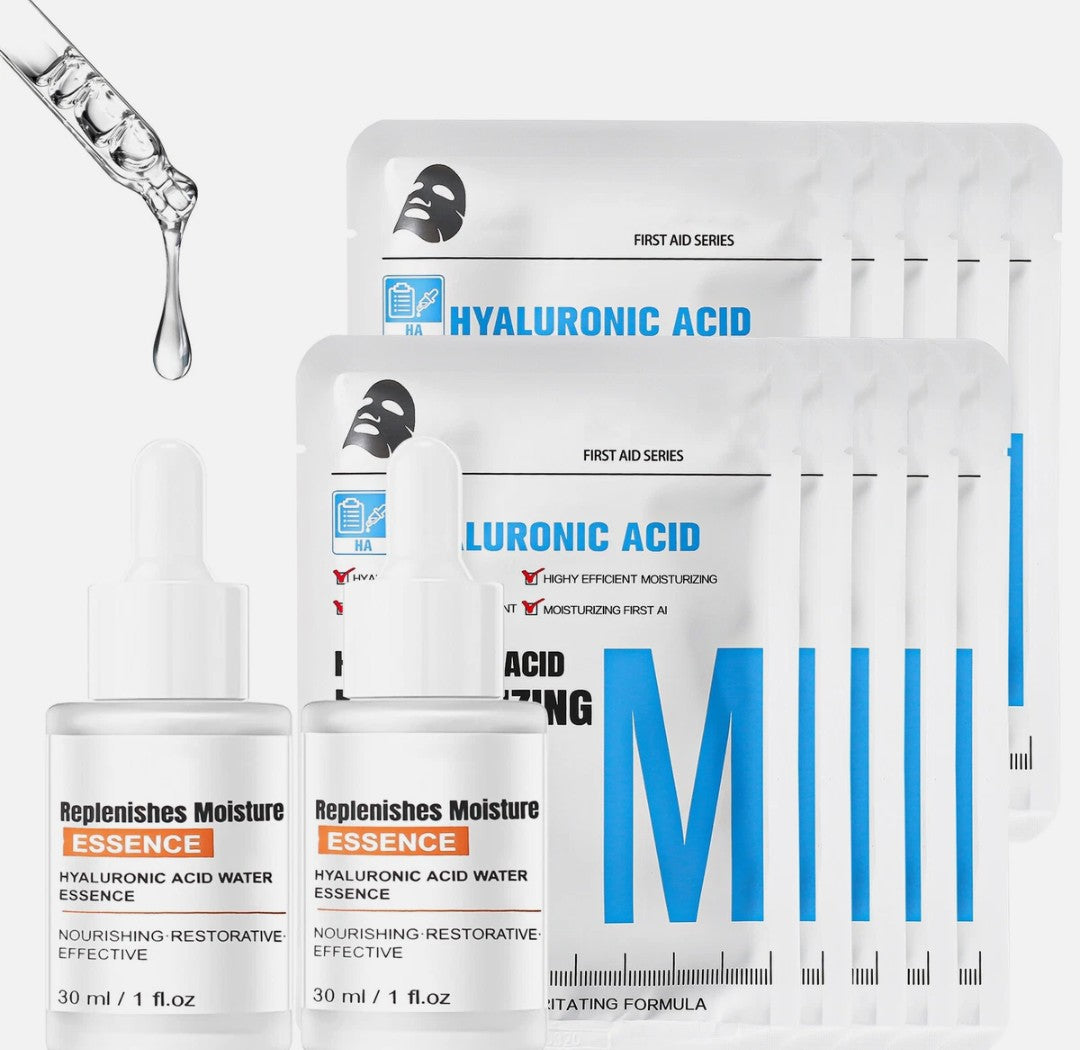 Hyaluronic Serum Set 10pcs Hydrating Face Masks & 2x 30ml Hyaluronic Acid Serum
