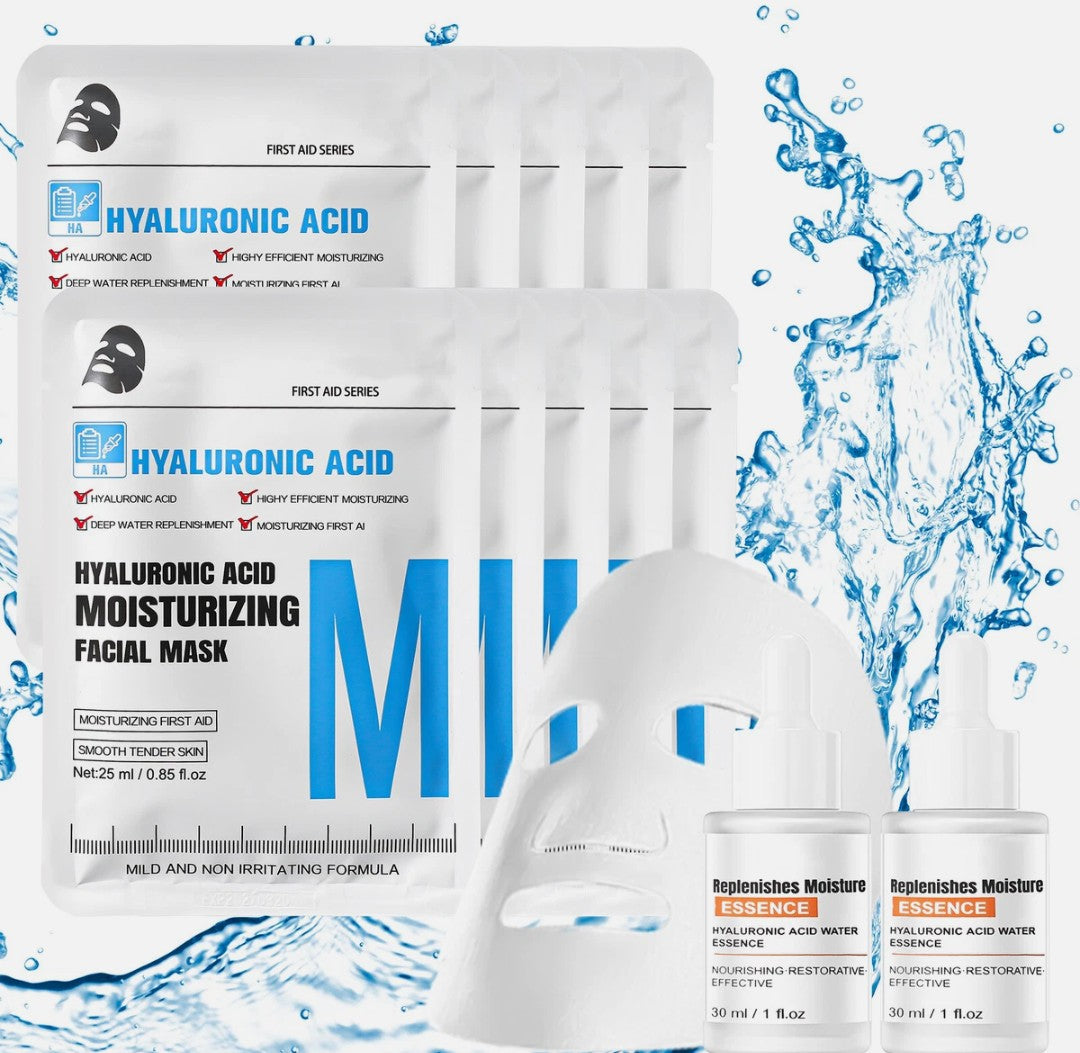 Hyaluronic Serum Set 10pcs Hydrating Face Masks & 2x 30ml Hyaluronic Acid Serum