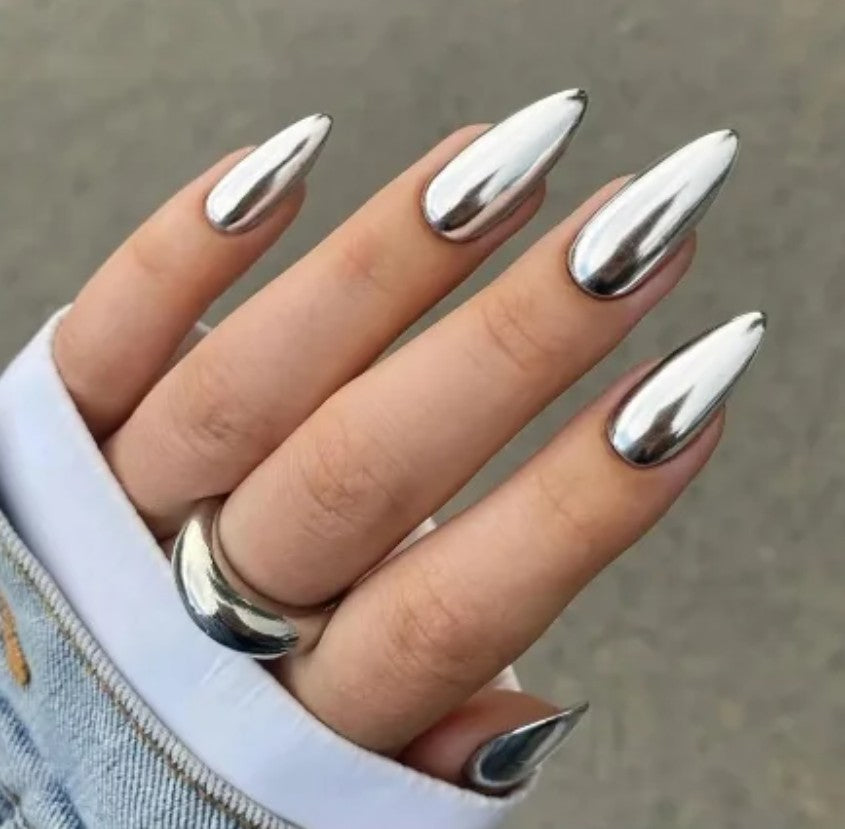 24Pieces Press On Nails Chrome Coffin Full Cover Nail Tips Reusable Aurora Artificial Nails Fake Nails for Nail Art