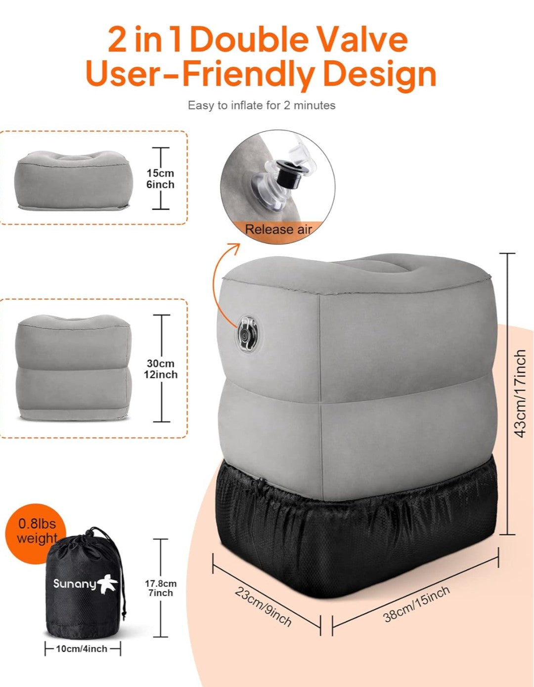 Sunany Inflatable Foot Rest Pillow for Travel, Kids/Adults Airplane Travel Pillow-Adjustable Height Cushions,for Kids to Sleep While Traveling,Suitable for Office, Home and Any Travell
