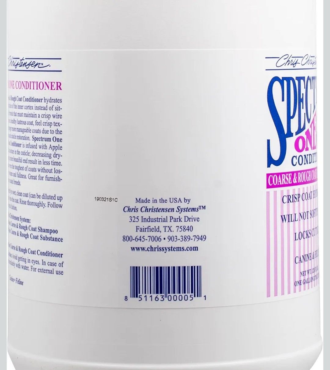 Chris Christensen Spectrum One Ultra Concentrated Dog Conditioner, Makes up to 8 Bottles, Groom Like a Professional, Maintains Inner Cortex Hydration, Coarse and Rough Coat, Made in The USA, 1gal
