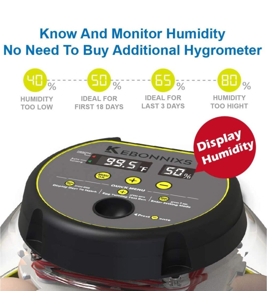 12 Egg Incubator with Humidity Display, Egg Candler, Automatic Egg Turner, for Hatching Chickens