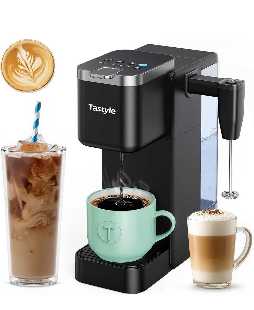 Single Serve Coffee Maker with Built-in Detachable Milk Frother, Iced and Hot Coffee Machine for K Cup & Grounds, 40oz Removable Water Reservoir, 6 Cup Sizes, Fits 7.3" Travel Mug, Black