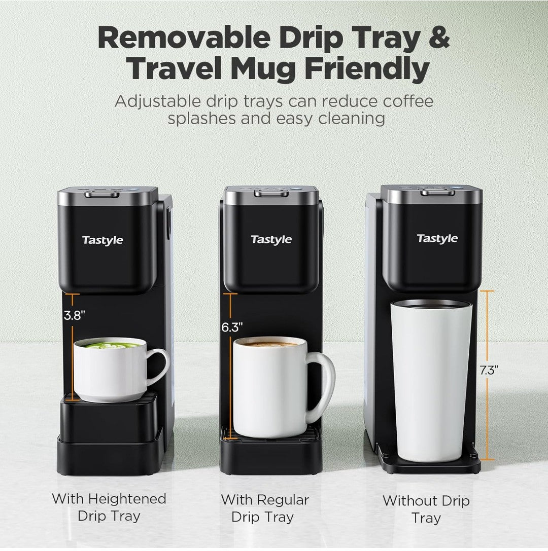 Single Serve Coffee Maker with Built-in Detachable Milk Frother, Iced and Hot Coffee Machine for K Cup & Grounds, 40oz Removable Water Reservoir, 6 Cup Sizes, Fits 7.3" Travel Mug, Black