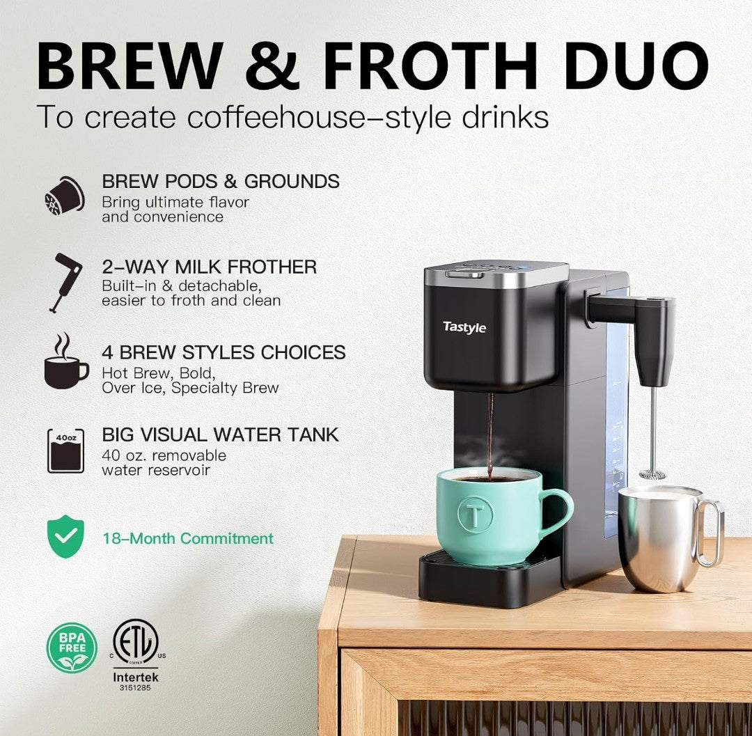 Single Serve Coffee Maker with Built-in Detachable Milk Frother, Iced and Hot Coffee Machine for K Cup & Grounds, 40oz Removable Water Reservoir, 6 Cup Sizes, Fits 7.3" Travel Mug, Black