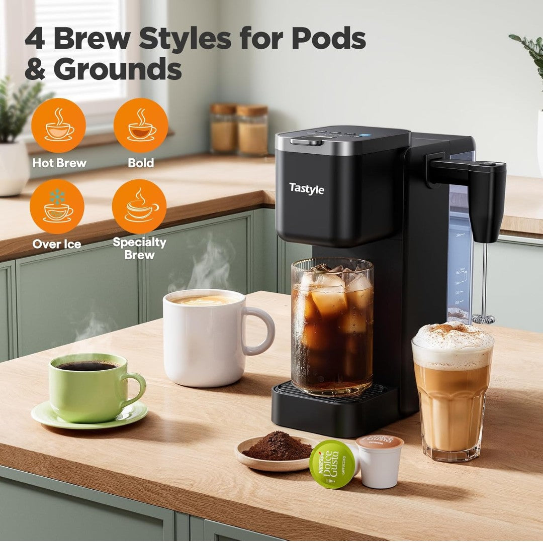 Single Serve Coffee Maker with Built-in Detachable Milk Frother, Iced and Hot Coffee Machine for K Cup & Grounds, 40oz Removable Water Reservoir, 6 Cup Sizes, Fits 7.3" Travel Mug, Black