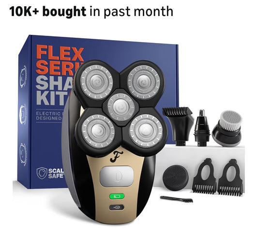 Freebird FlexSeries Electric Head & Body Hair Shaver - Mens Cordless Rechargeable Wet/Dry Skull Bald Head Back & Groin Waterproof Razor with Rotary Blades, Clippers, Nose Trimmer, Brush, Massager