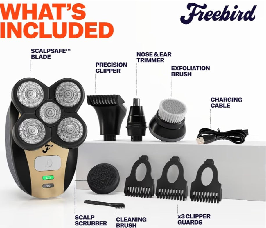 Freebird FlexSeries Electric Head & Body Hair Shaver - Mens Cordless Rechargeable Wet/Dry Skull Bald Head Back & Groin Waterproof Razor with Rotary Blades, Clippers, Nose Trimmer, Brush, Massager