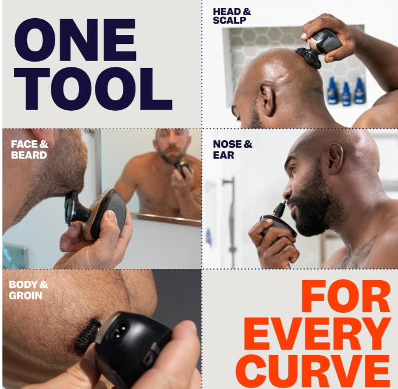 Freebird FlexSeries Electric Head & Body Hair Shaver - Mens Cordless Rechargeable Wet/Dry Skull Bald Head Back & Groin Waterproof Razor with Rotary Blades, Clippers, Nose Trimmer, Brush, Massager