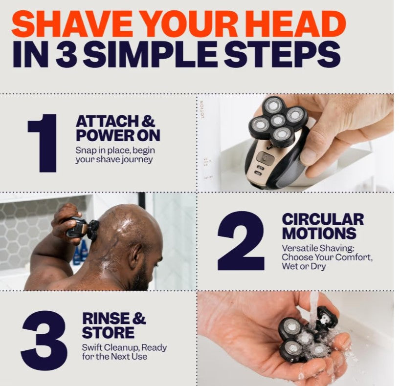 Freebird FlexSeries Electric Head & Body Hair Shaver - Mens Cordless Rechargeable Wet/Dry Skull Bald Head Back & Groin Waterproof Razor with Rotary Blades, Clippers, Nose Trimmer, Brush, Massager