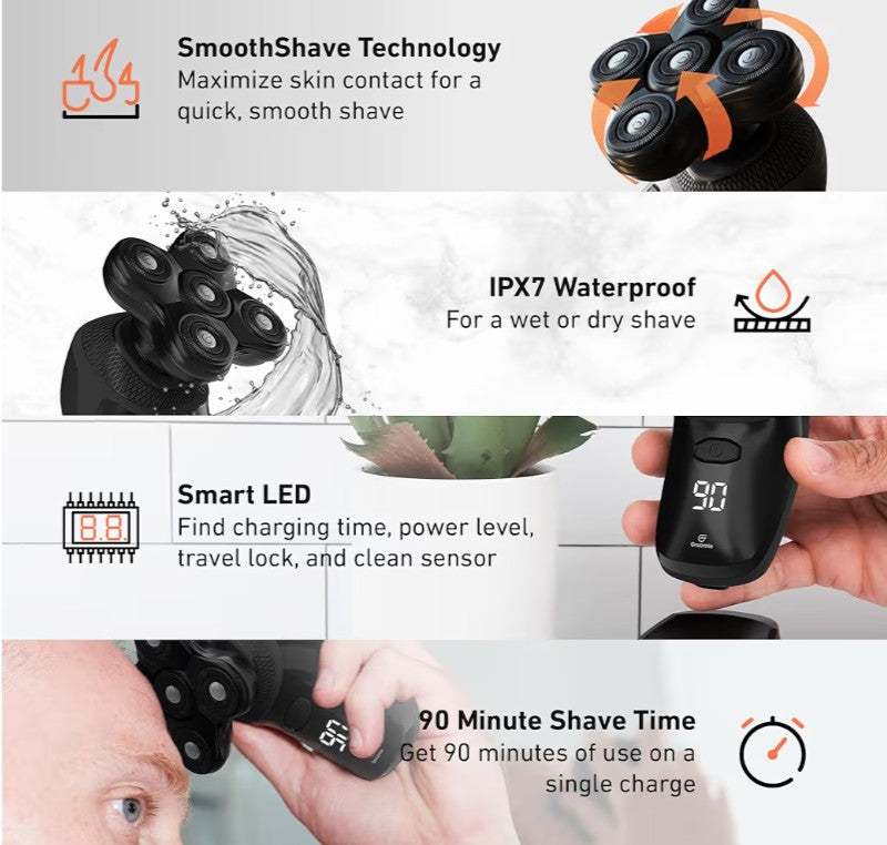 Groomie Cordless Bald Head Shavers for Men, BaldiePro Head Grooming Kit - Ergonomic & Waterproof Hea