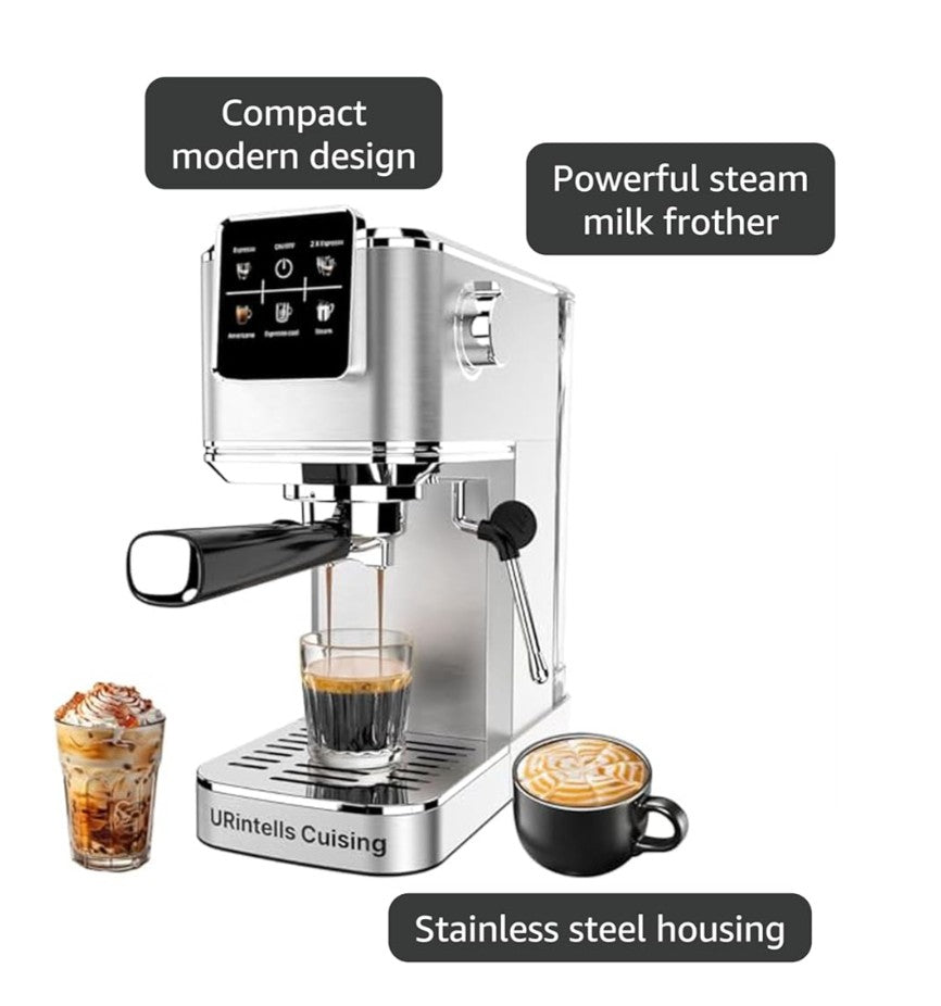 Espresso Machine 20 Bar,Touch Screen Espresso Maker with Steam Milk Frother,Stainless Steel Coffee Machine for Cappuccino Latte Americano Cold Brew,1350W Fast Heat Up System,Silver